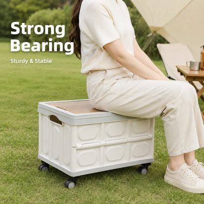 Foldable Storage Box with Wheels - Camping Gear Organizer with Wooden Lid for Car Trunk & Outdoor Use