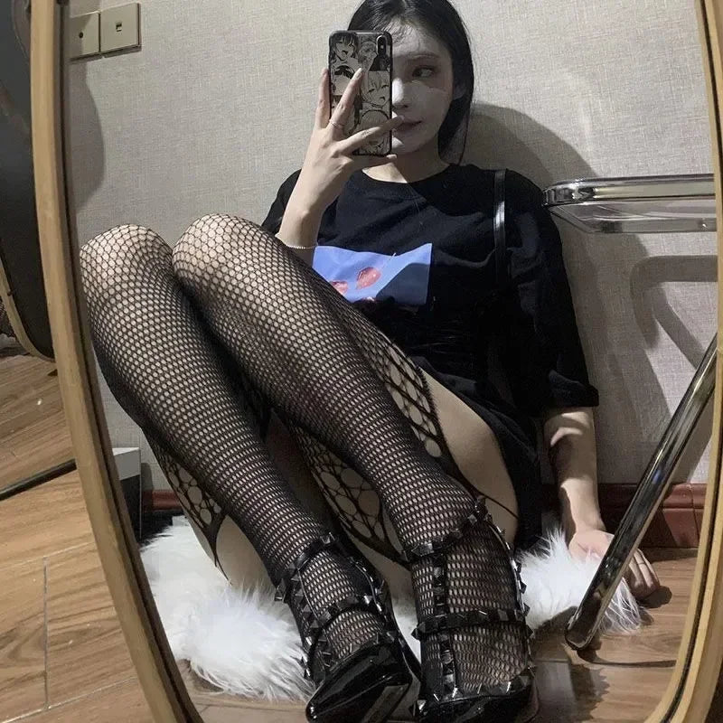 Lolita Gothic Fishnet Stockings - Black Sheer Over Knee Tights for Women