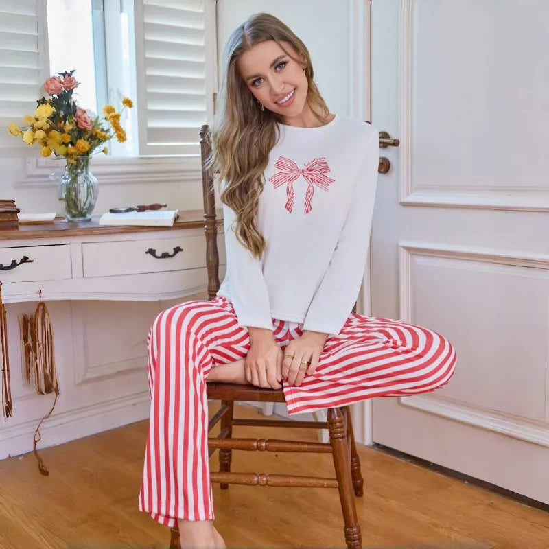 Women’s Bow Print Pajama Set – Long Sleeve Top & Trousers 2-Piece Soft Sleepwear Loungewear