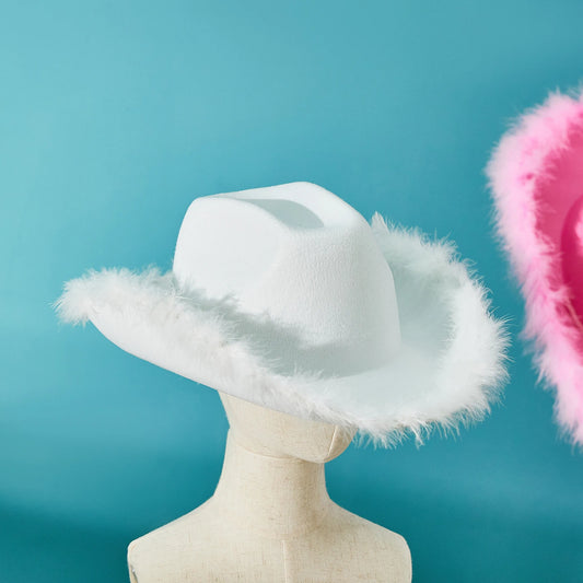 Women's Cowboy Hat – Wide Brim Solid Color with Furry Trim for Parties & Outings