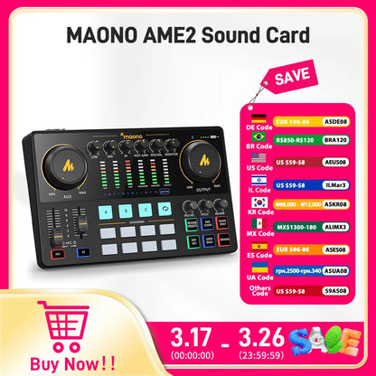 Maono AME2 Portable Audio Interface Sound Card – All-in-One DJ Mixer for Podcast Recording, Live Streaming, YouTube & Guitar PC