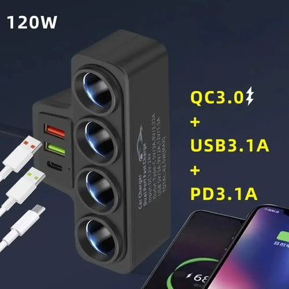 PD QC3.0 Dual USB Car Charger - 120W 12V/24V Cigarette Lighter Splitter for Phone, DVR and Dashcam
