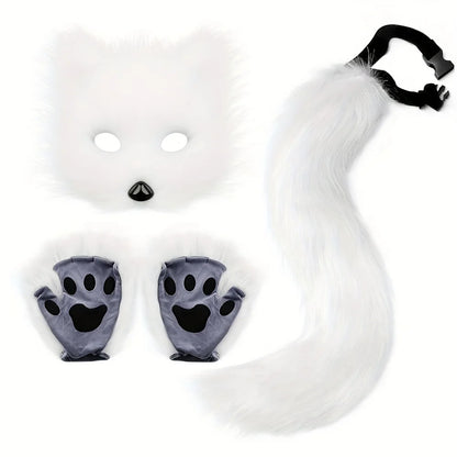 5pcs Fluffy Fur Fox Tail & Cat Paws Gloves Set — Wolf Mask Halloween Cosplay Costume Accessories for Theme Party Dress-Up