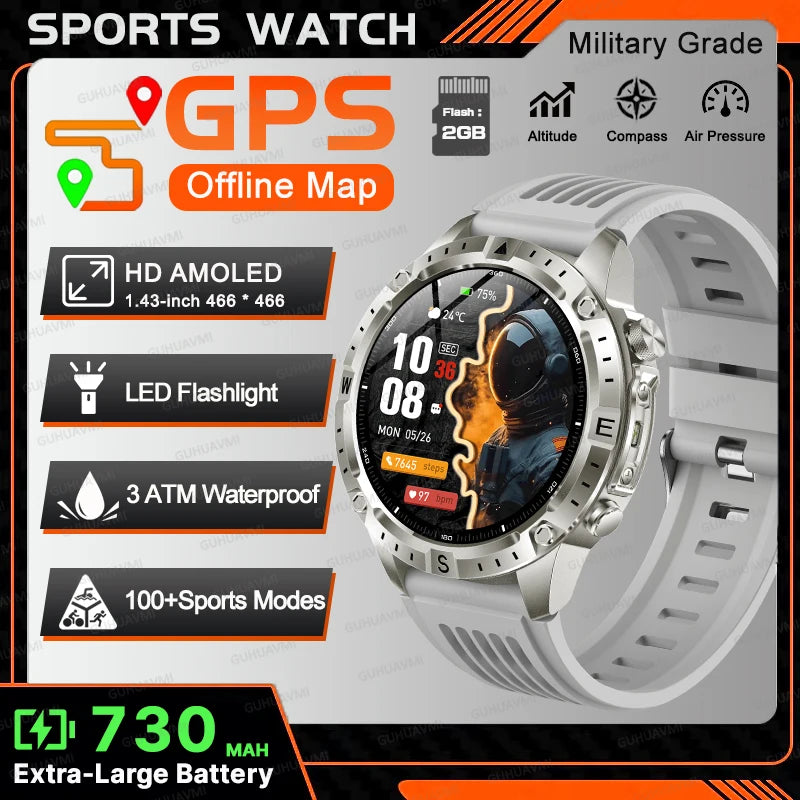 All-Terrain GPS Sports Smartwatch - Offline Maps, Altimeter, Barometer, Compass, 3ATM Waterproof & 730mAh Battery