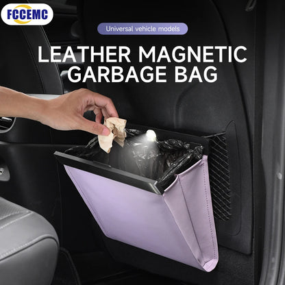 Car Garbage Bag with LED – Waterproof Magnetic Adsorption Storage, Leather Seat Hanging Trash Can, Leak-Proof Storage Pocket