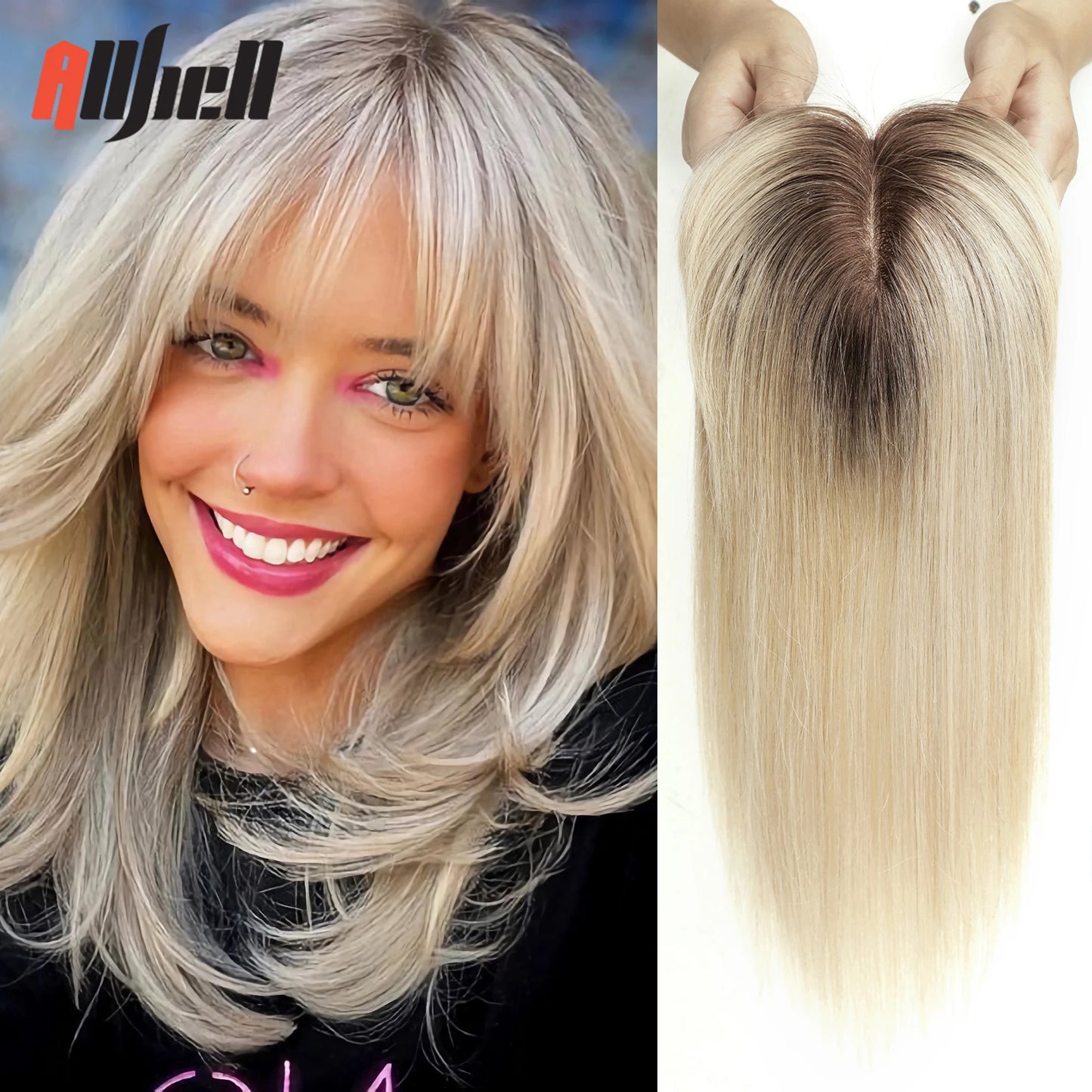 Brown Blonde Ombre Human Hair Toppers for Women – 10/12/14 Inches with Silk Base, Clips, and Bangs