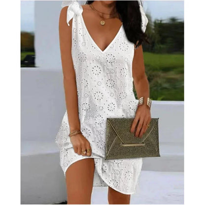 Women's Elegant V-Neck Embroidered Dress - Sleeveless Eyelet Mini Dress with Tie Detail Summer Vacation Style