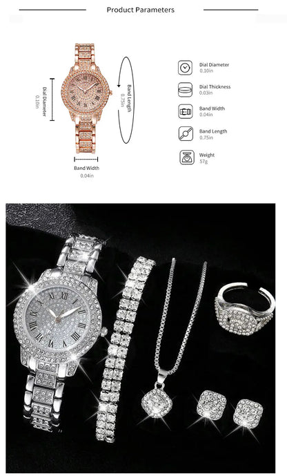 6PCS Women's Elegant Crystal Watch Set – Luxury Alloy Quartz Wristwatches with Rhinestone Bracelet, Perfect Gift for Ladies