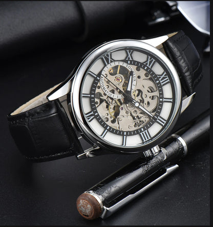 LONGLUX Rome Automatic Mechanical Waterproof Men’s Watch – Hollow Dial Leather Wristwatch Gift