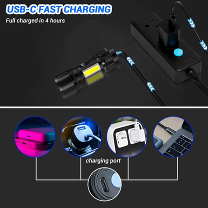 Mini Rechargeable LED Torch Flashlight - Portable USB Charging, High Power Bank - Waterproof Lantern for Camping, Long Range Illumination