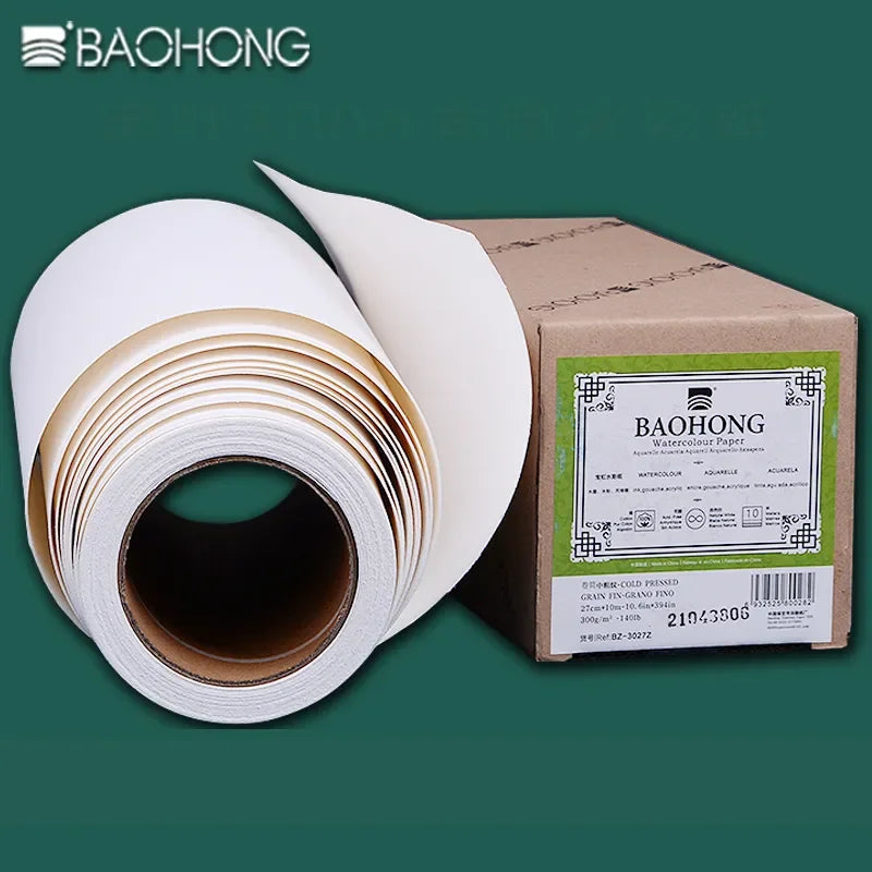 BAOHONG 300g Watercolor Paper Roll – 100% Cotton Natural White Cold Press Rough Professional Art Paper 27/37cm × 10m