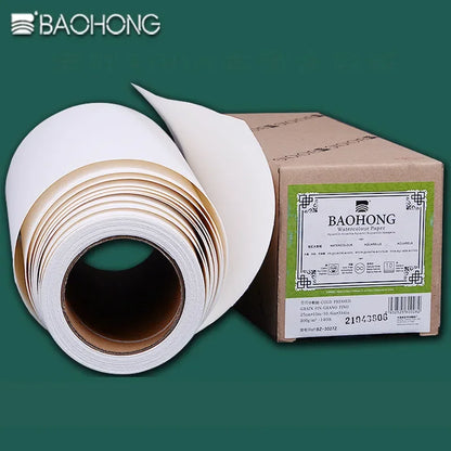 BAOHONG 300g Watercolor Paper Roll – 100% Cotton Natural White Cold Press Rough Professional Art Paper 27/37cm × 10m