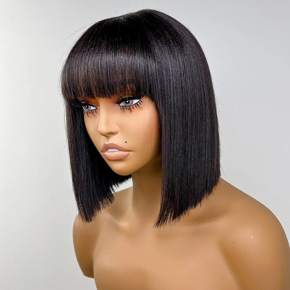 Short Straight Bob Wig with Bangs - 100% Human Hair, 180% Density for Women