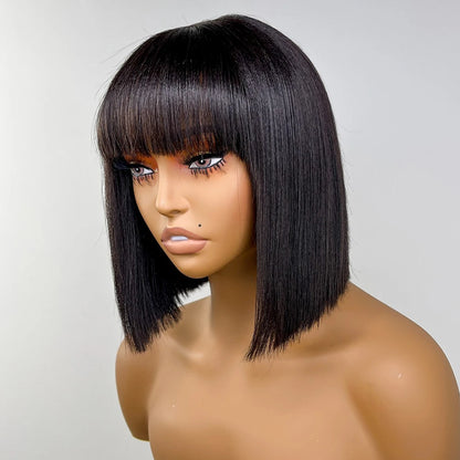 Short Straight Bob Wig with Bangs - 100% Human Hair, 180% Density for Women
