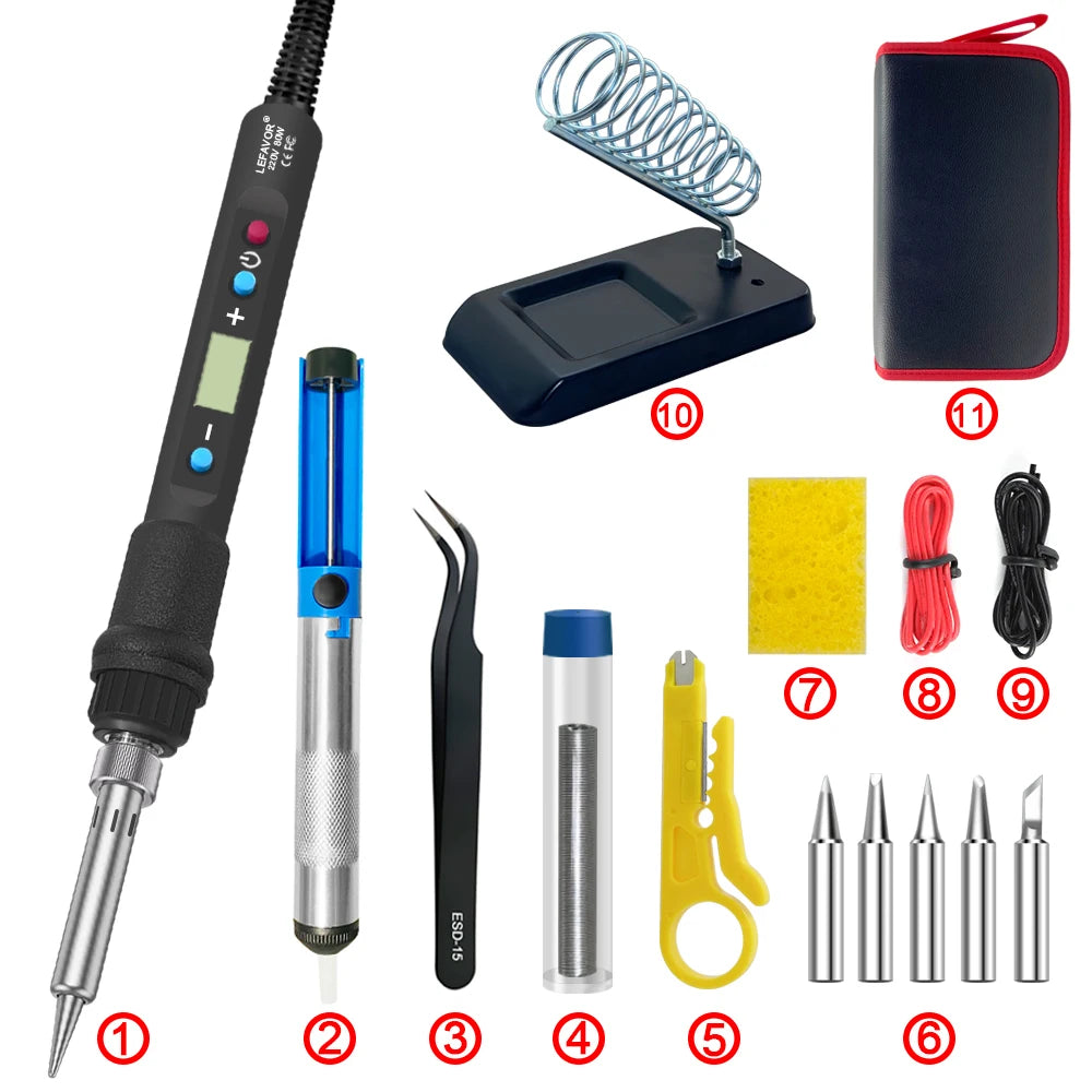 LEFAVOR 80W Digital Soldering Iron Kit – LCD Display, Adjustable 100–500°C, C/F Switch Welding Tool for Home Repair & DIY Projects