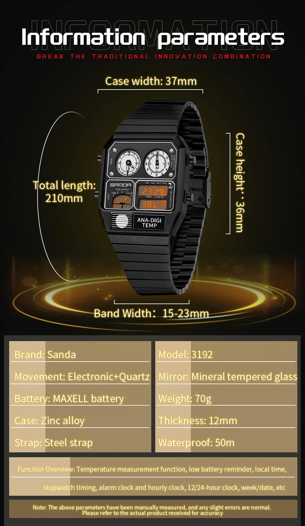 SANDA 3192 Men's LED Square Watch with Thermometer, Stopwatch & Chronograph – Multi-function Casual Timepiece for Youth   2/2