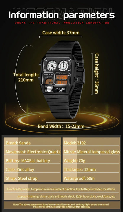 SANDA 3192 LED Electronic Men's Watch – Square Casual Multi-Function Thermometer Stopwatch Chronograph