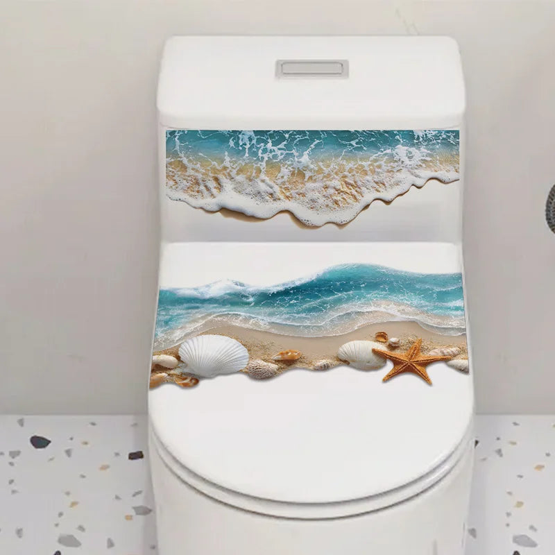 3D Ocean Wave Toilet Sticker – Realistic Beach Bathroom Floor Decal, Waterproof & Anti-Slip Removable Seashore Bathtub Decor
