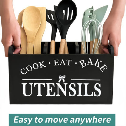 Wood Kitchen Utensil Holder Organizer – 3 Compartment Tableware Stand with Drainage Holes for Cutlery, Snack Bar & Kitchen Storage Use