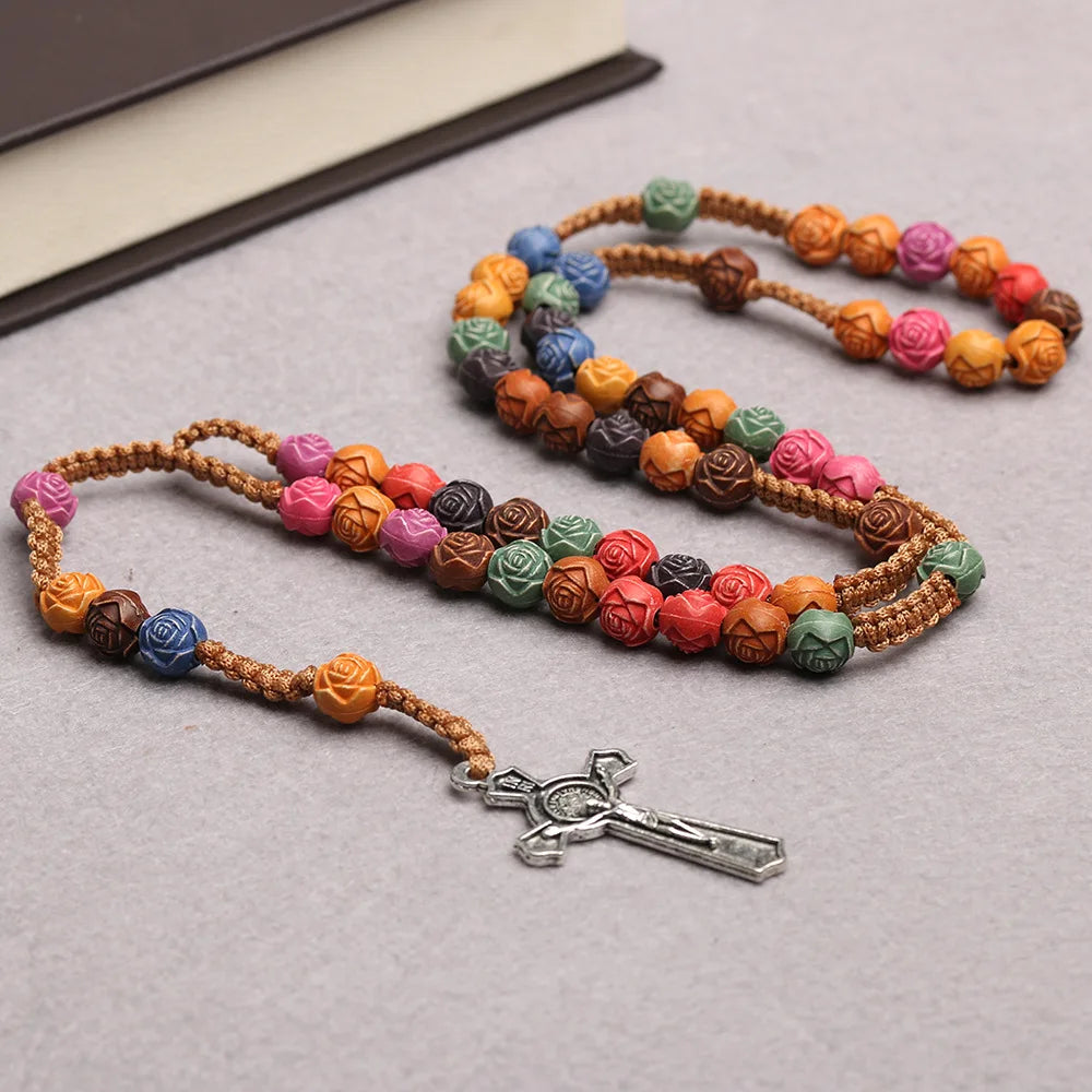 Christian Rose Bead Rosary Necklace – INRI Cross Crucifix Pendant Long Chain for Women, Religious Fashion Jewelry Gift