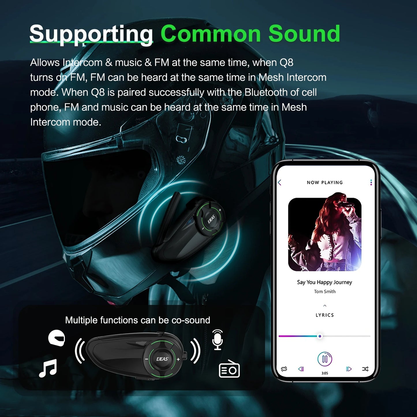 EJEAS Q8 Motorcycle Mesh Intercom – Bluetooth 5.1 Headset with EUC Remote Walkie Talkie for 6 Riders