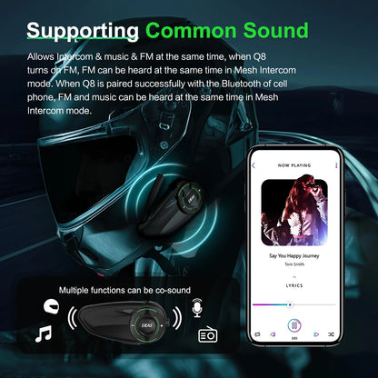 EJEAS Q8 Motorcycle Mesh Intercom – Bluetooth 5.1 Headset with EUC Remote Walkie Talkie for 6 Riders