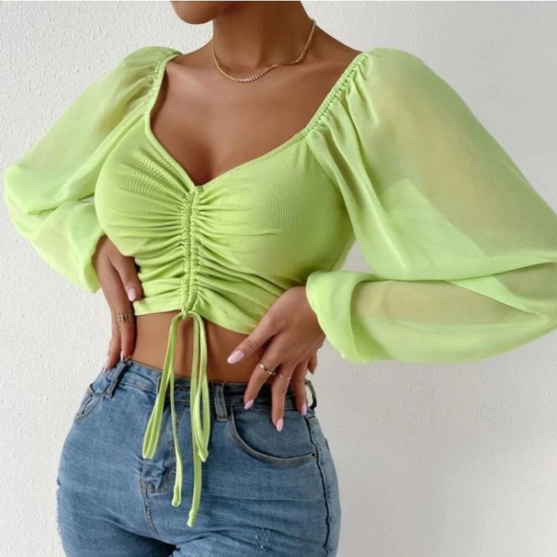 ALLUKASA Sexy Mesh Lantern Sleeves T-Shirt – Drawstring Wrap Chest & Bare Midriff, Women's Long Sleeve Bottoming Top