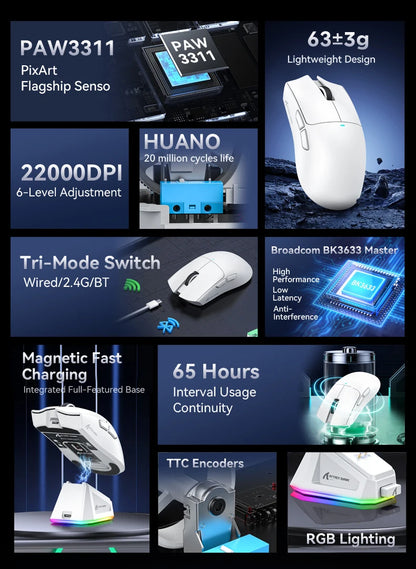 Attack Shark X11 Tri-Mode Wireless Gaming Mouse – 2.4GHz/Wired/Bluetooth PAW3311 22000DPI RGB PC Mouse 400IPS
