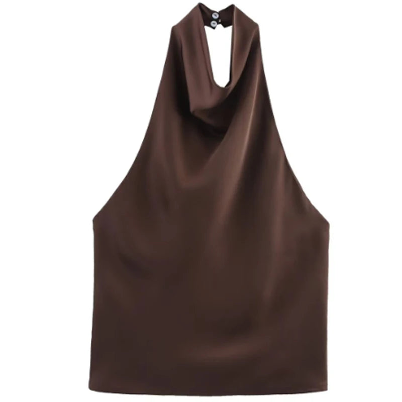 HXAO Women’s Satin Halter Top – Summer 2025 Black & Yellow Crop Tank, Off-Shoulder Sleeveless Backless Vest