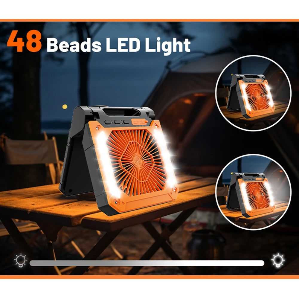 20000mAh Portable Electric Fan with LED Light — USB, Solar & Car Charging for Camping