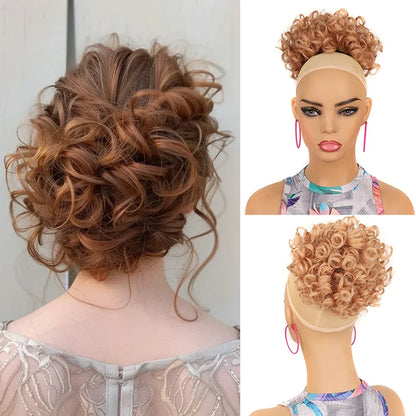 Synthetic Messy Curly Hair Bun – Short Loose Wave Updo Ponytail, Blonde Chignon Hairpiece, Heat-Resistant Extensions for Women