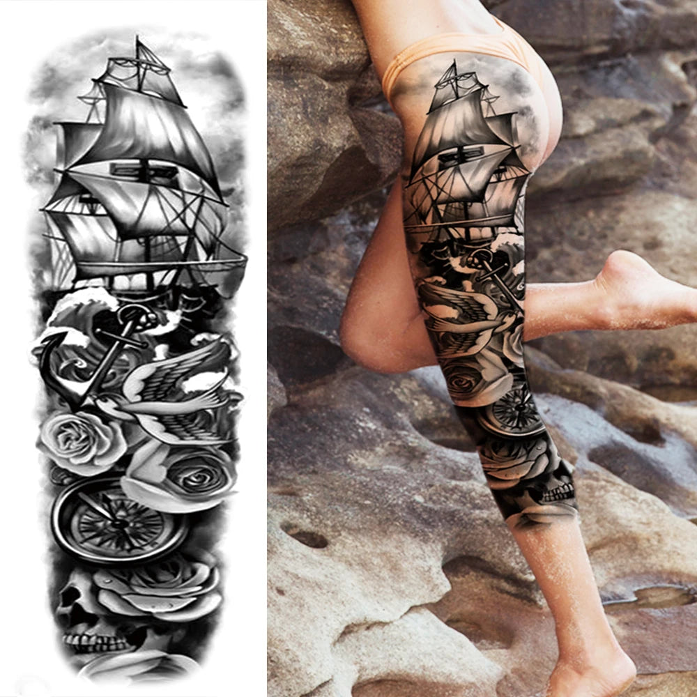 Full Arm Temporary Tattoo Sleeve - Realistic Warrior Lion Tiger Flower & Maori Design Fake Tattoos