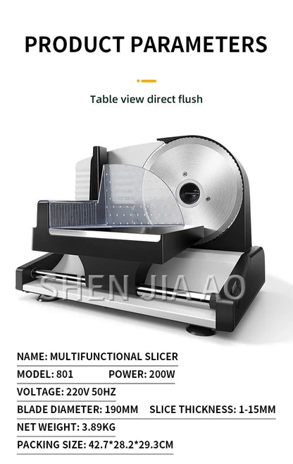 801 Electric Meat Slicer – 200W Household Fruit, Mutton, and Bread Slicing Machine with 1-15mm Adjustable Thickness