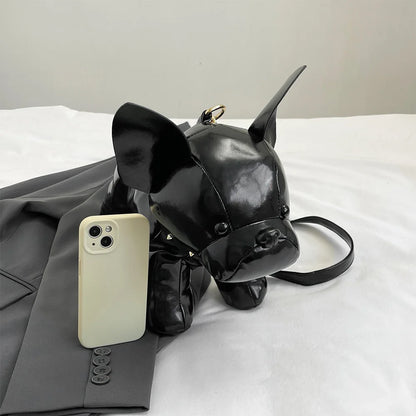 Unisex Bulldog-Shaped PU Leather Shoulder Bag – Adjustable Strap Zipper Satchel for Shopping & Travel