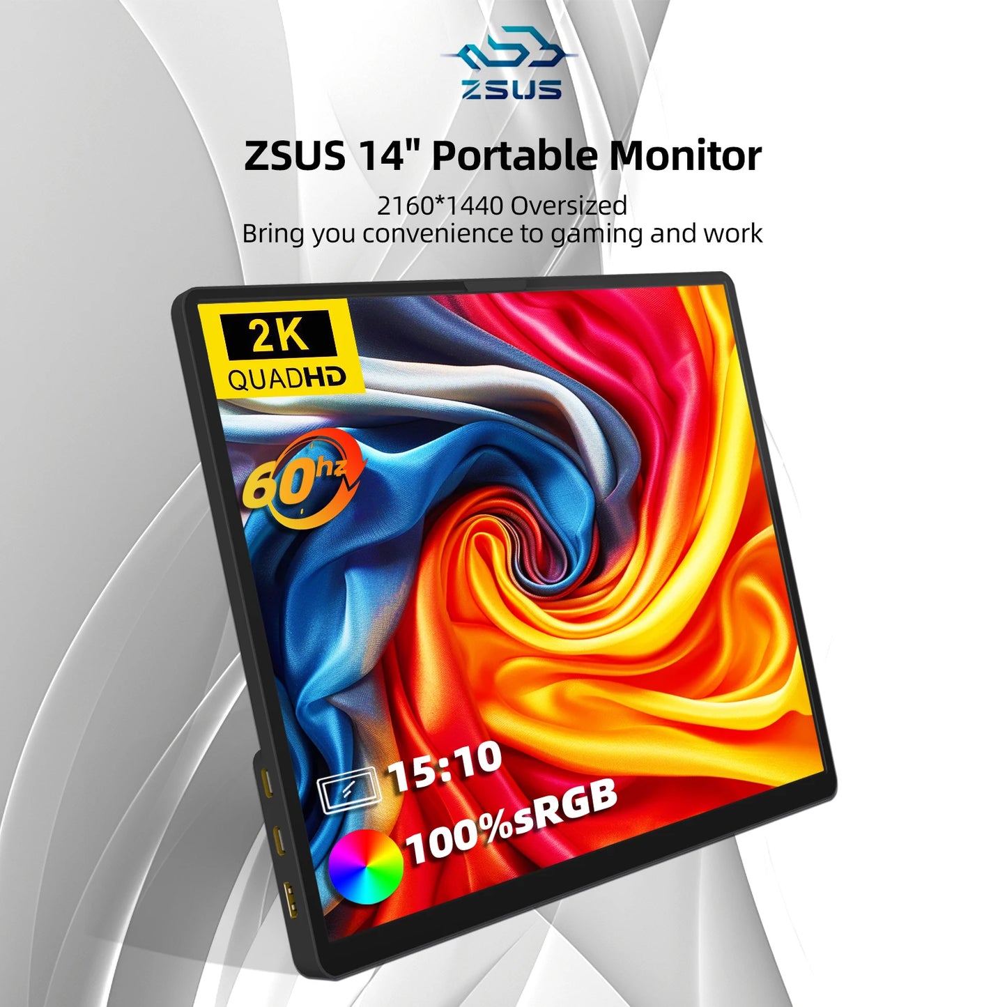 ZSUS 14" 2K Portable Monitor – 2160x1440 60Hz Display for Laptop, Xbox, PS4/5, Switch & PC