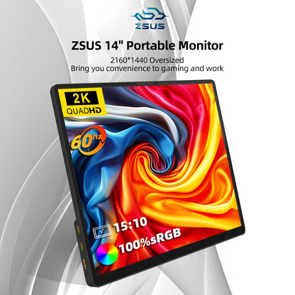ZSUS 14" 2K Portable Monitor – 2160x1440 60Hz Display for Laptop, Xbox, PS4/5, Switch & PC