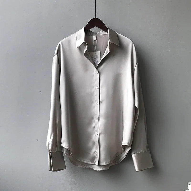 Elegant Satin Women’s Shirt — Loose Vintage Blouse with Turn-Down Collar for Spring & Autumn