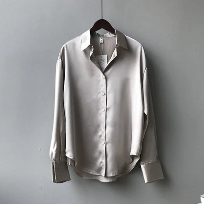 Elegant Satin Women’s Shirt — Loose Vintage Blouse with Turn-Down Collar for Spring & Autumn