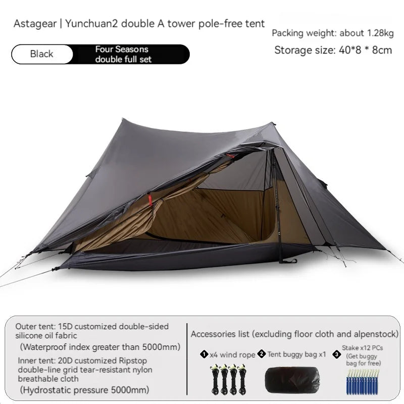 ASTA GEAR Yun Chuan 15D Nylon Ultralight Tent – Double-Sided Silicon-Coated, Rodless Pyramid Design for Camping & Hiking