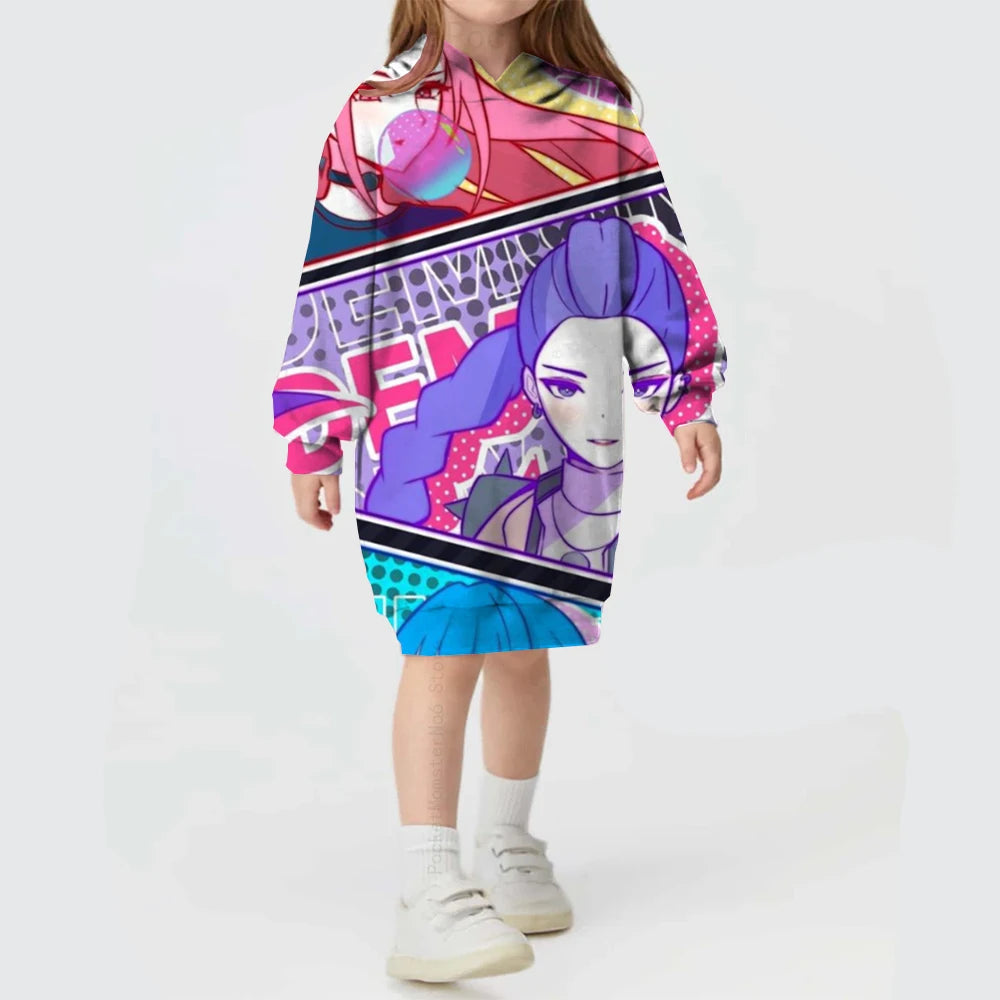 KPop Demon Hunters Hoodie Dress — Rumi Cute Cartoon Sweatshirt Pullover for Girls, Long Sleeve Autumn Y2K Sportswear