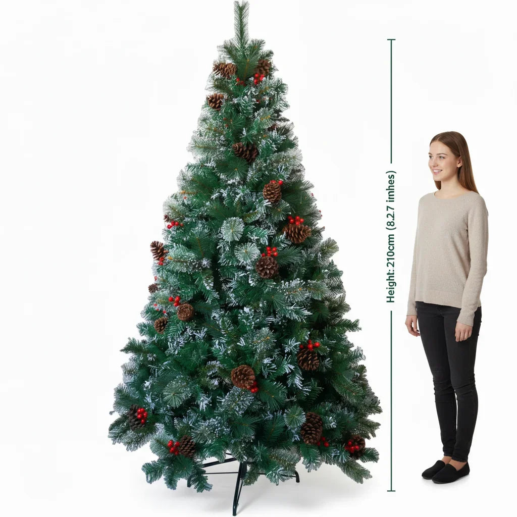 6/7FT Realistic Green Artificial Christmas Tree – Unlit with Pinecones & Holly Berries, Quick Setup with Metal Stand
