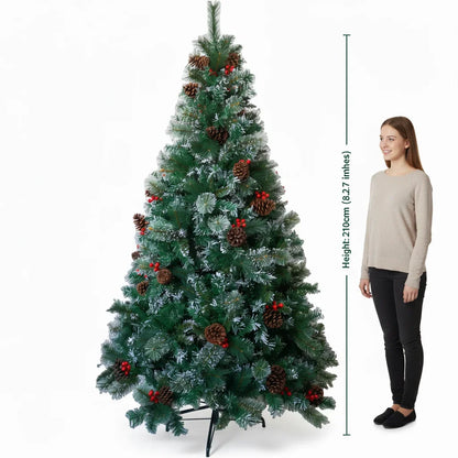 6/7FT Realistic Green Artificial Christmas Tree – Unlit with Pinecones & Holly Berries, Quick Setup with Metal Stand