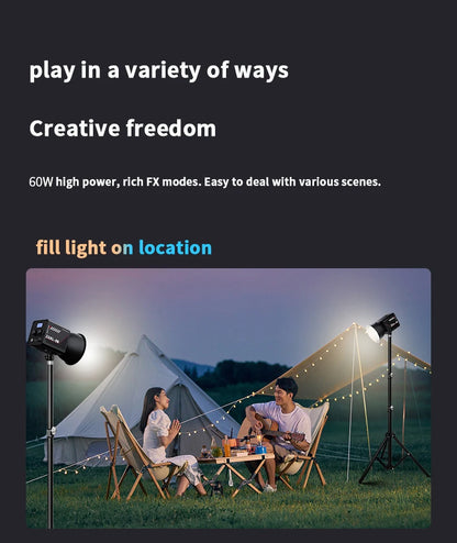 60W Pro Portable LED Video Light – COB Bi-Color Photography Light (2800K-7500K) for Livestreaming, Handheld Outdoor Shooting