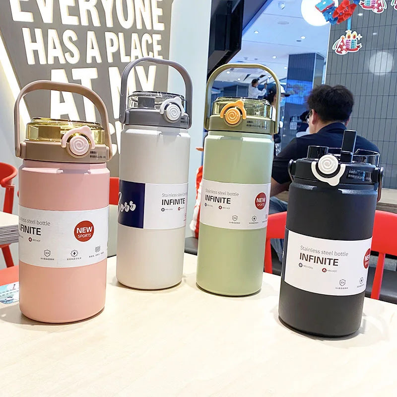 1L/1.2L Stainless Steel Thermal Water Bottle – Vacuum Insulated Thermos Cup with Straw, Hot & Cold Drink Tumbler for Gym & Travel