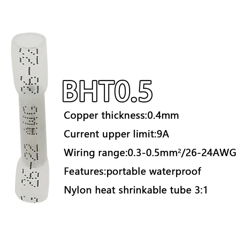 10/50/100/200PCS Heat Shrink Butt Connectors – AWG 24-10 (0.3-6.0mm²) Waterproof Insulated Wire Crimp Terminals for Automotive Cables