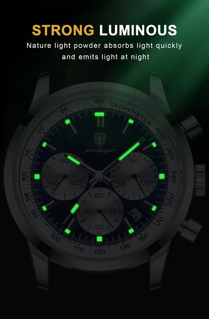 POEDAGAR Men's Luxury Sports Watch – Genuine Leather, Chronograph, Waterproof, Luminous Quartz Wristwatch