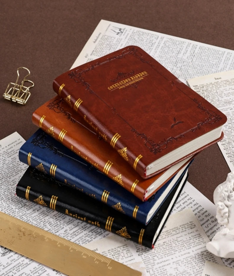 A6/A7 Vintage Hot Gold Printed Notebook – Cute Compact PU Leather Pocket Diary, Hard Shell School & Office Supplies