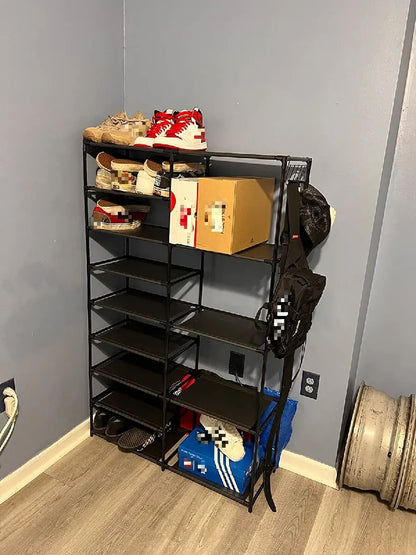 9-Tier Tall Shoe Rack with Hooks – Heavy Duty Vertical Organizer, Large Capacity Holds 24-35 Pairs, Black