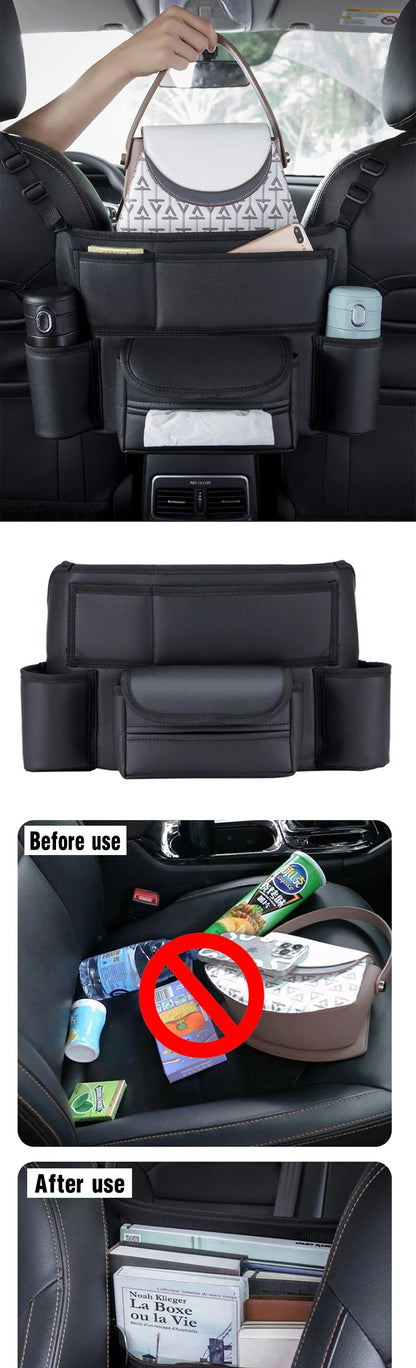 Car Seat Middle Hanger Leather Storage Bag – Multifunction Hanging Organizer with Handbag Holder, Water Cup & Tissue Pockets