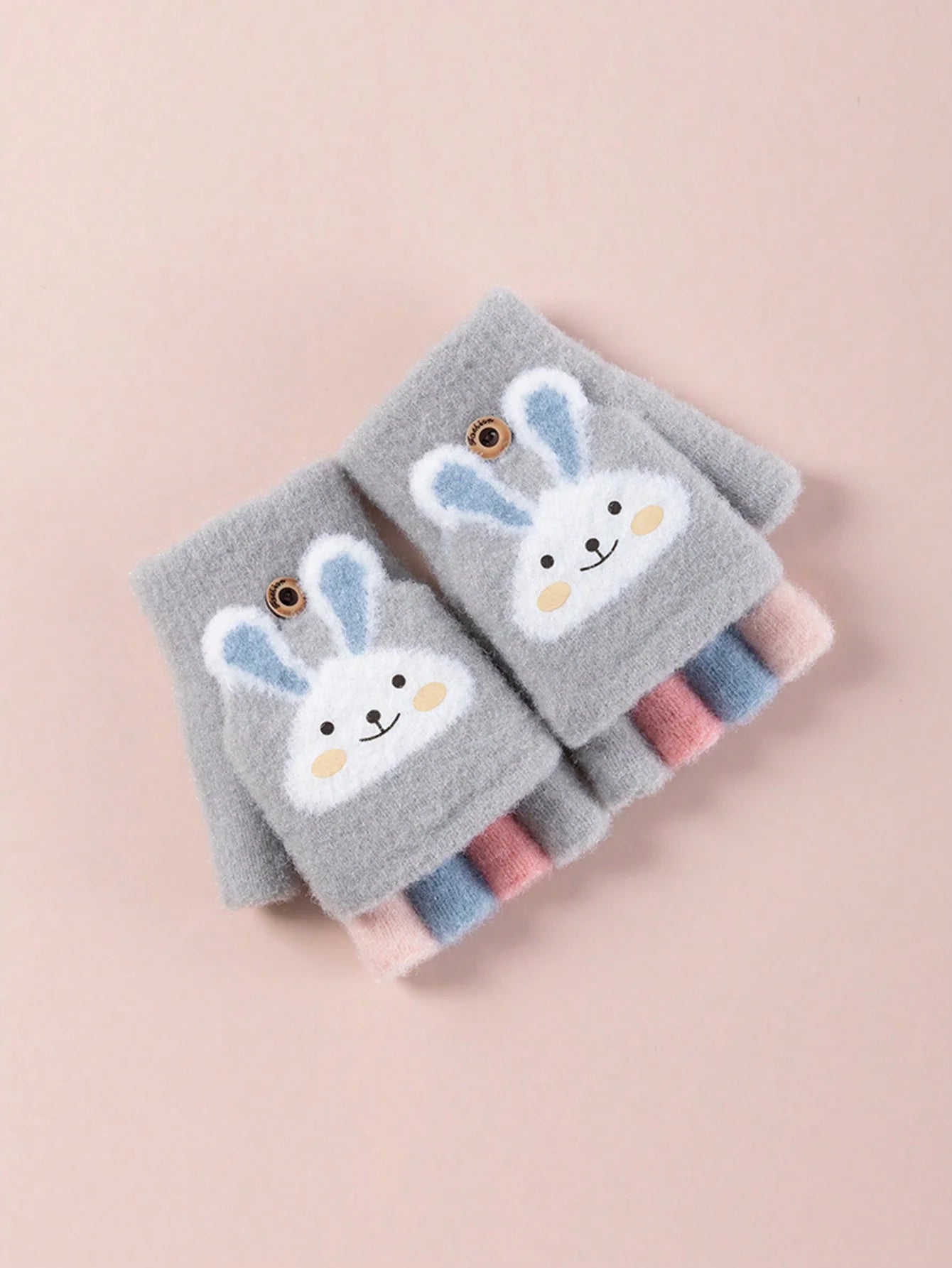 Half-Finger Gloves with Flip-Top Cover - Girls’ Winter Rabbit Fleece Gloves for Writing, Warm Cotton Handwear